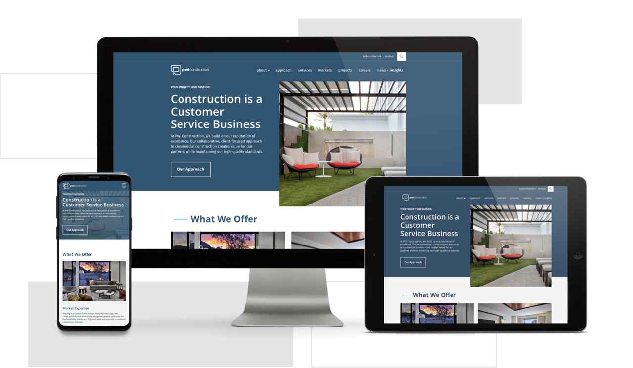Homepage of PWI Construction website on desktop, tablet and mobile