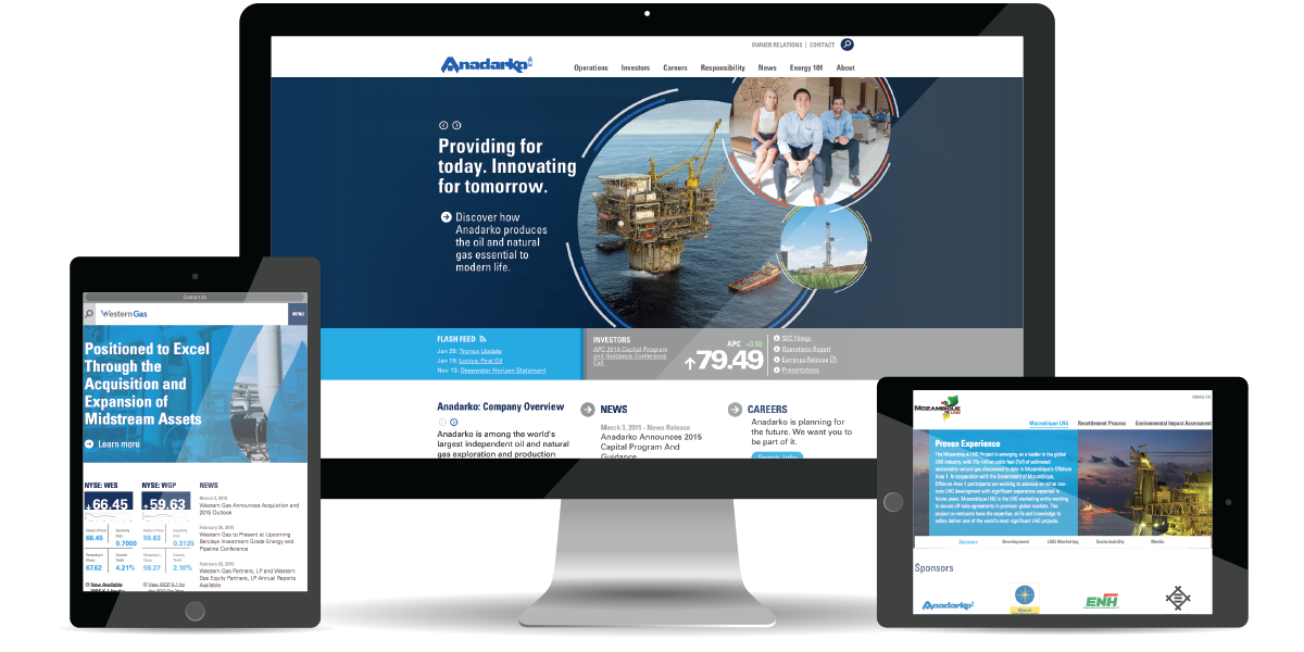 Homepage of anadarko website on desktop, tablet and mobile